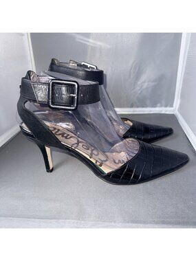Sam Edelman Okala Croc Embossed Leather Strap Heels Black Size 8.5M